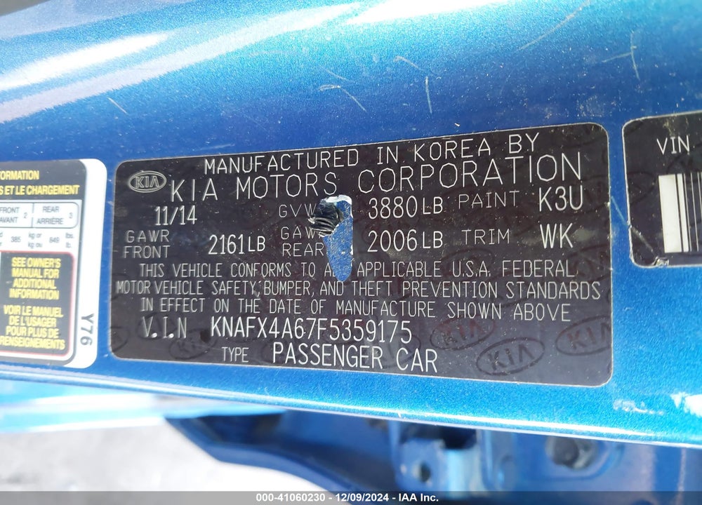 2015 KIA FORTE LX VIN: KNAFX4A67F5359175