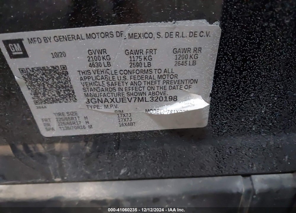 2021 CHEVROLET EQUINOX AWD LT VIN: 3GNAXUEV7ML320198