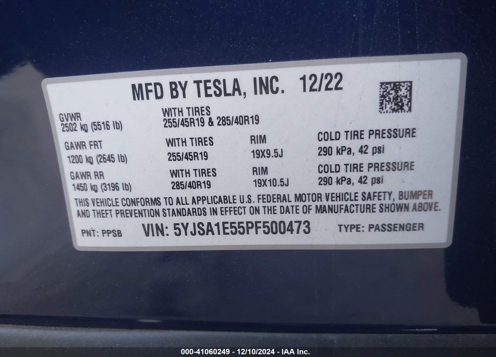 2023 TESLA MODEL S VIN: 5YJSA1E55PF500473