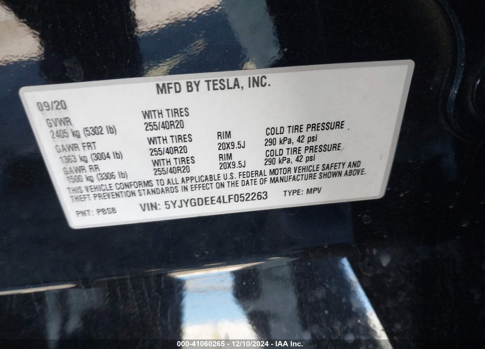 2020 TESLA MODEL Y LONG RANGE DUAL MOTOR ALL-WHEEL DRIVE VIN: 5YJYGDEE4LF052263