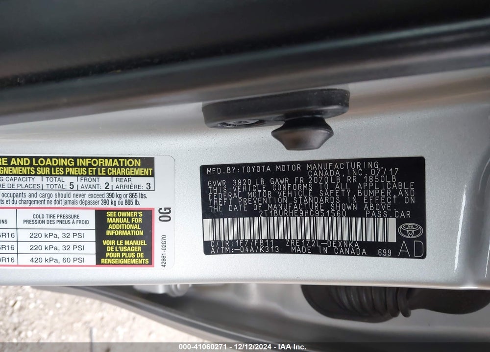 2017 TOYOTA COROLLA LE VIN: 2T1BURHE9HC951560