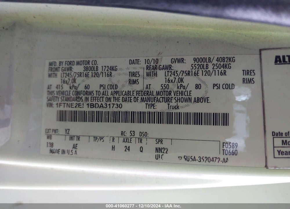 2011 FORD E-250 COMMERCIAL VIN: 1FTNE2EL1BDA31730