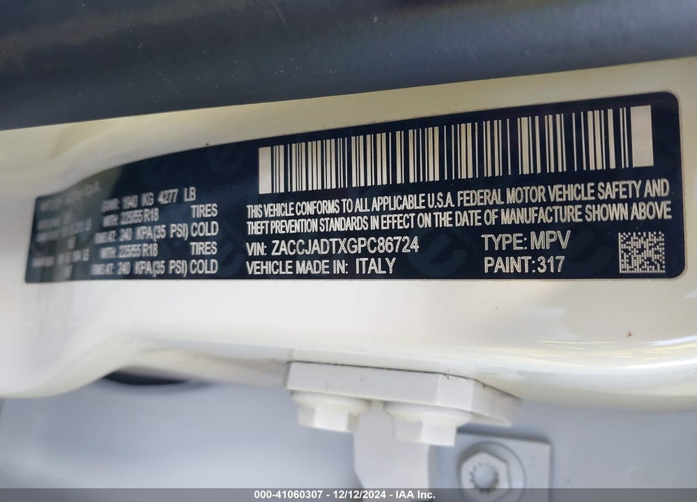 2016 JEEP RENEGADE LIMITED VIN: ZACCJADTXGPC86724