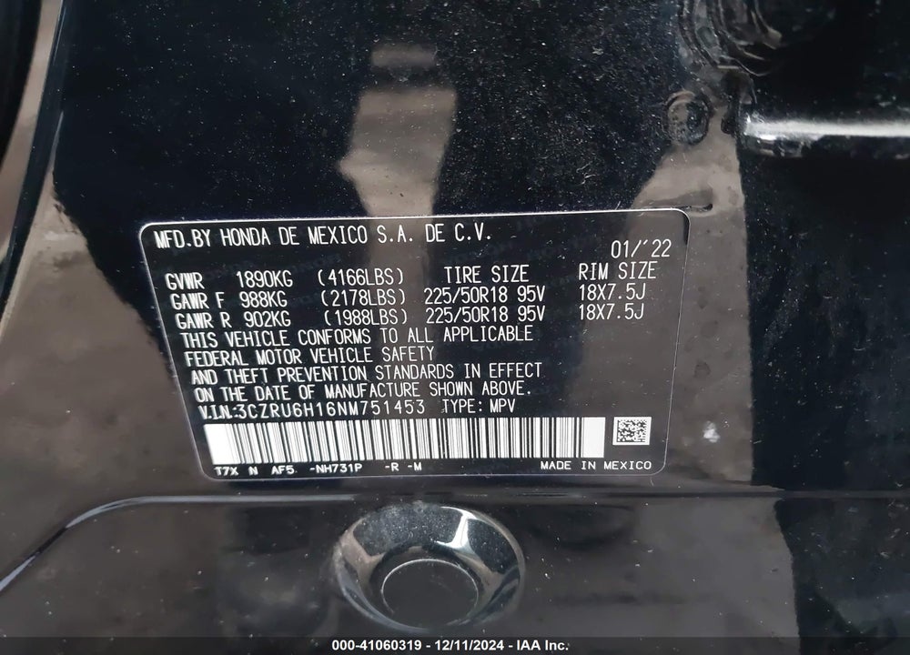2022 HONDA HR-V AWD SPORT VIN: 3CZRU6H16NM751453