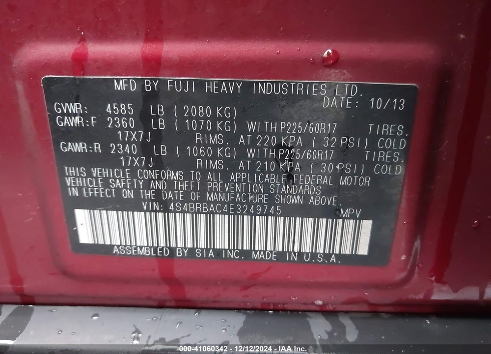 2014 SUBARU OUTBACK 2.5I VIN: 4S4BRBAC4E3249745