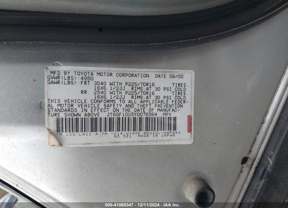 2000 LEXUS RX 300 VIN: JT6GF10U5Y0076564
