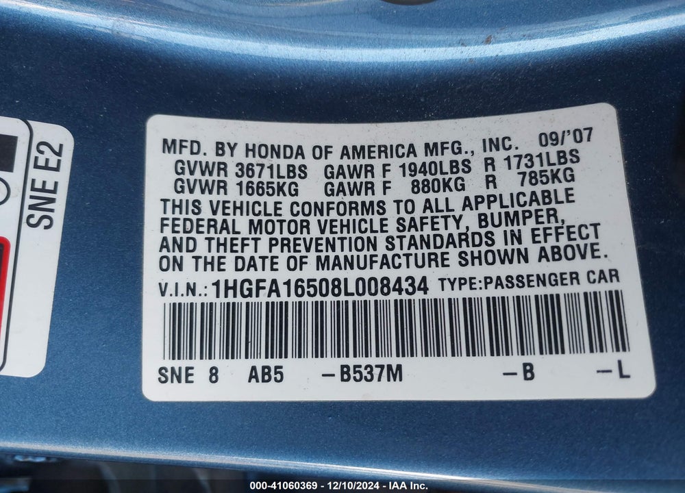 2008 HONDA CIVIC LX VIN: 1HGFA16508L008434
