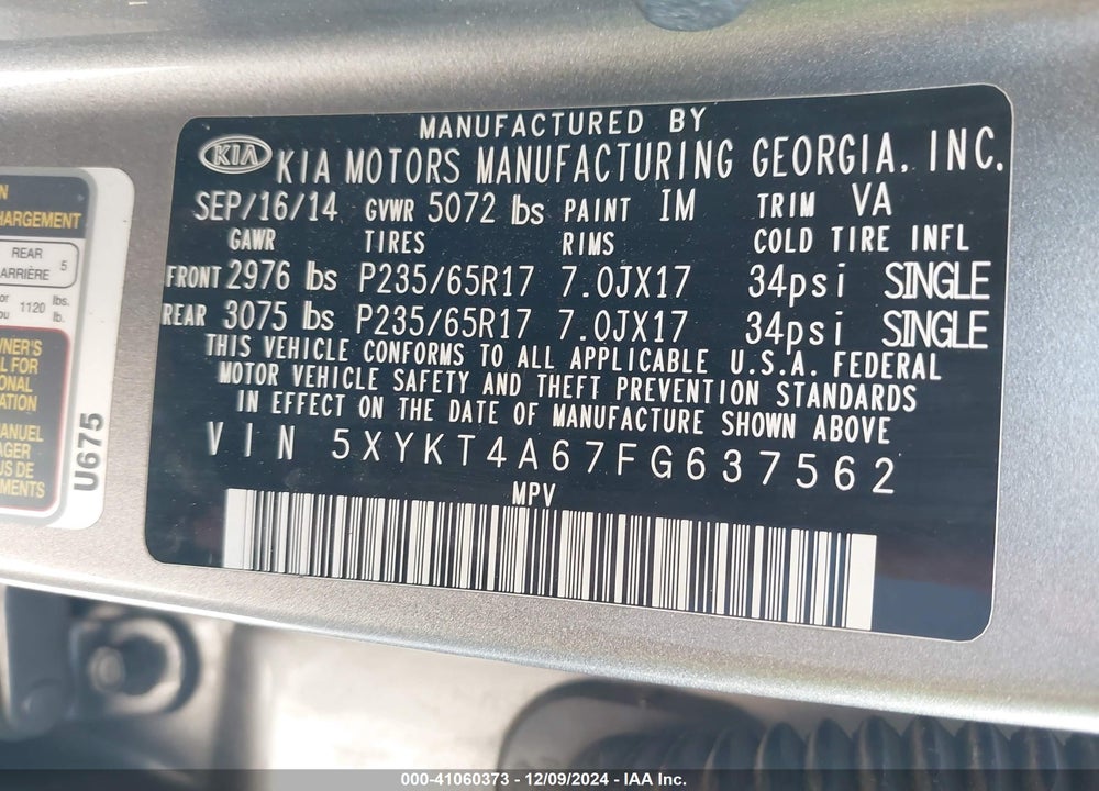 2015 KIA SORENTO LX VIN: 5XYKT4A67FG637562