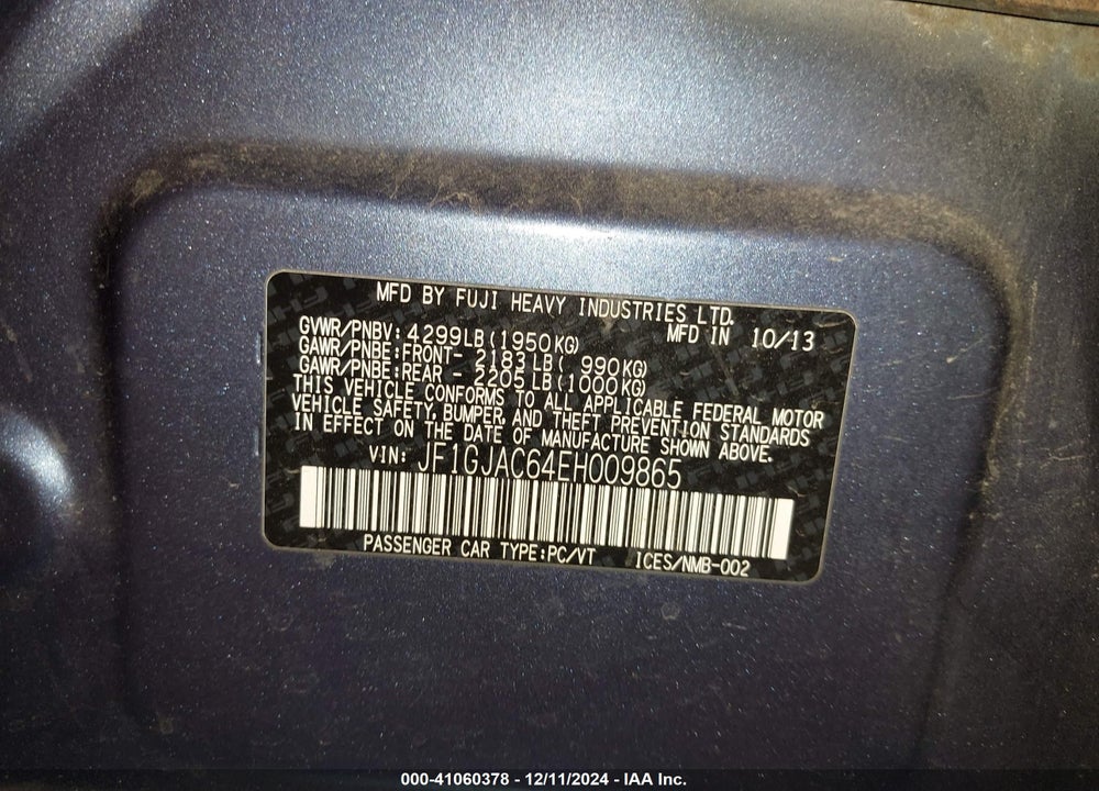 2014 SUBARU IMPREZA VIN: JF1GJAC64EH009865