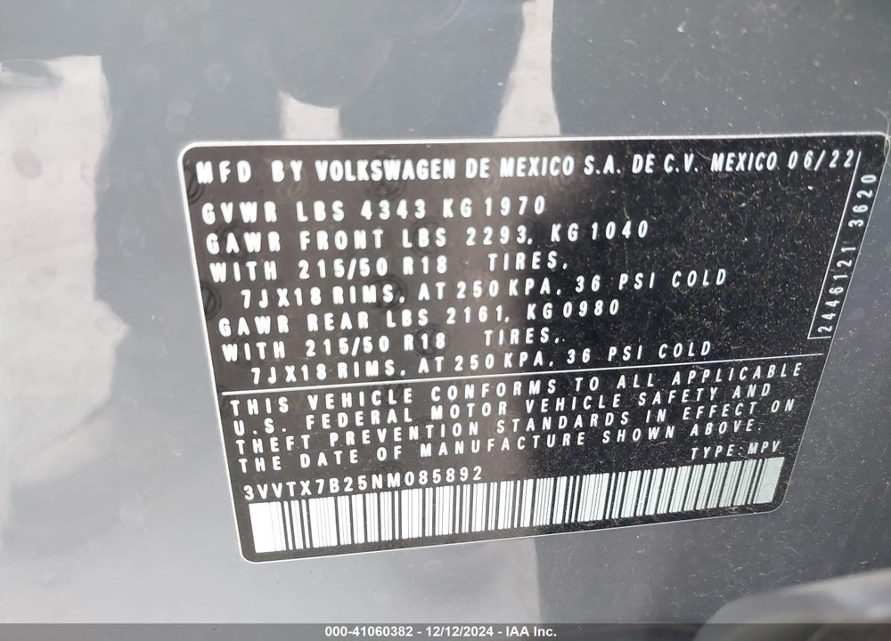 2022 VOLKSWAGEN TAOS 1.5T SE VIN: 3VVTX7B25NM085892