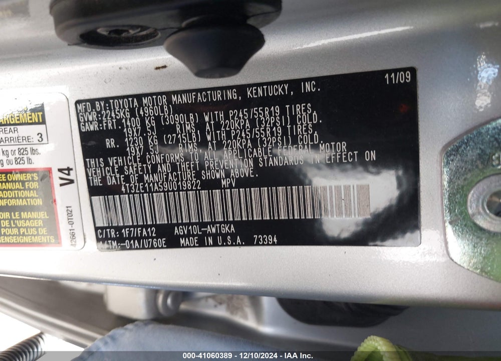 2009 TOYOTA VENZA VIN: 4T3ZE11A59U019822