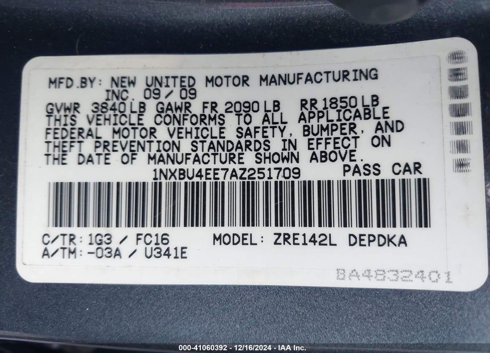 2010 TOYOTA COROLLA LE VIN: 1NXBU4EE7AZ251709