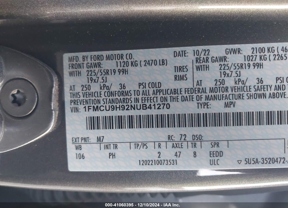 2022 FORD ESCAPE SEL VIN: 1FMCU9H92NUB41270