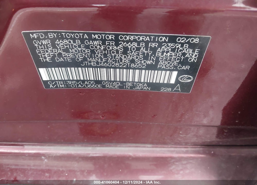 2008 LEXUS ES 350 VIN: JTHBJ46G282218652