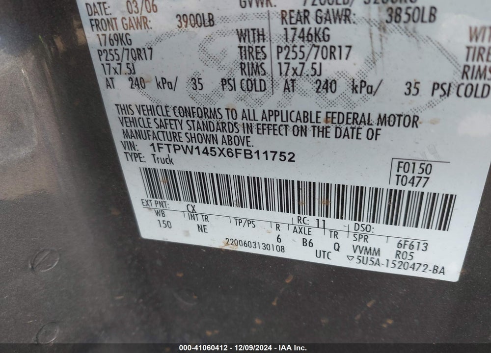 2006 FORD F-150 FX4/LARIAT/XLT VIN: 1FTPW145X6FB11752