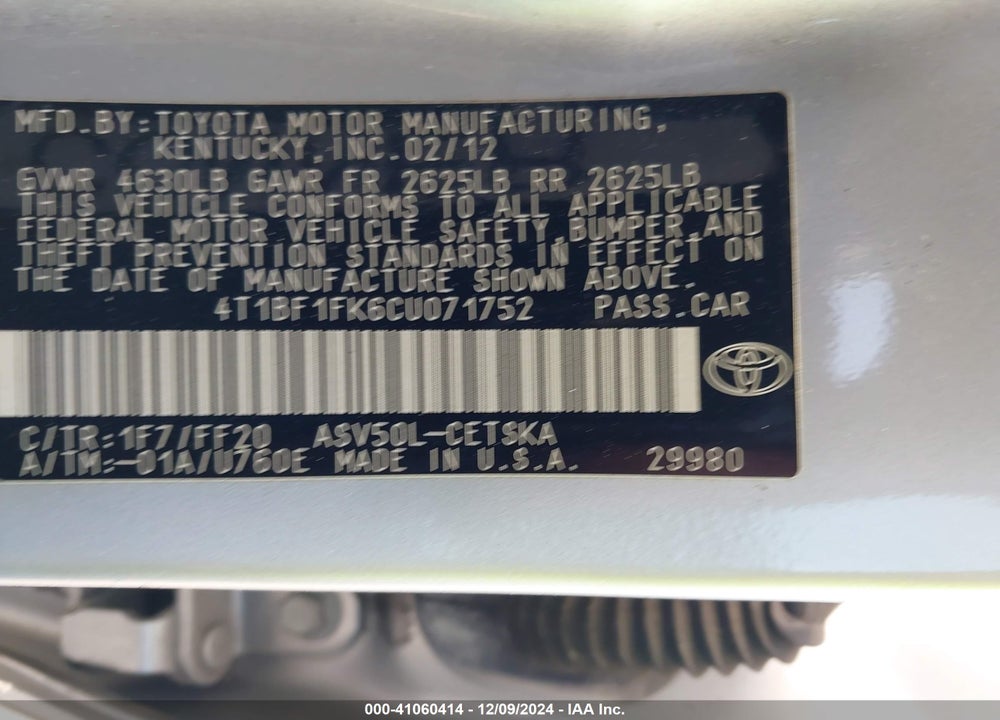 2012 TOYOTA CAMRY SE VIN: 4T1BF1FK6CU071752