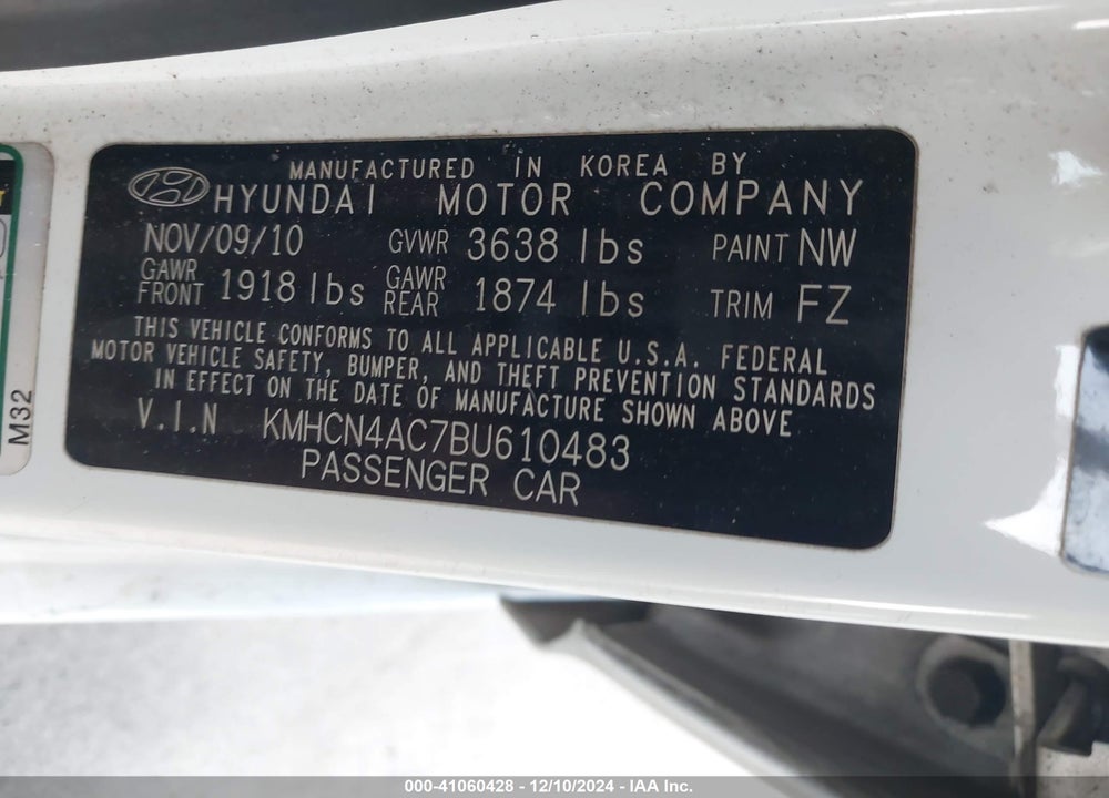 2011 HYUNDAI ACCENT GLS VIN: KMHCN4AC7BU610483