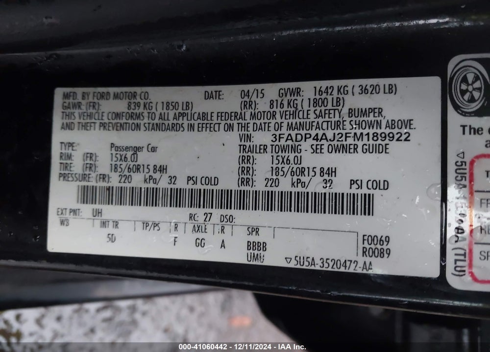 2015 FORD FIESTA S VIN: 3FADP4AJ2FM189922