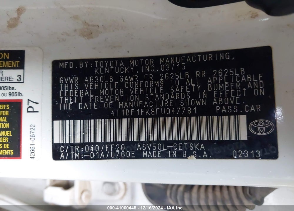 2015 TOYOTA CAMRY SE VIN: 4T1BF1FK8FU047781