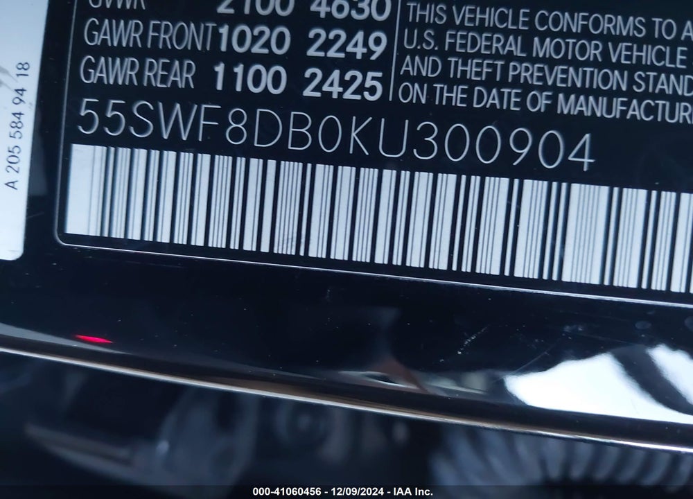 2019 MERCEDES-BENZ C 300 VIN: 55SWF8DB0KU300904