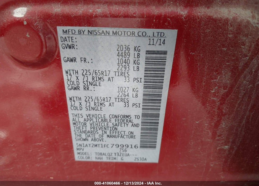 2015 NISSAN ROGUE SV VIN: 5N1AT2MT1FC799916