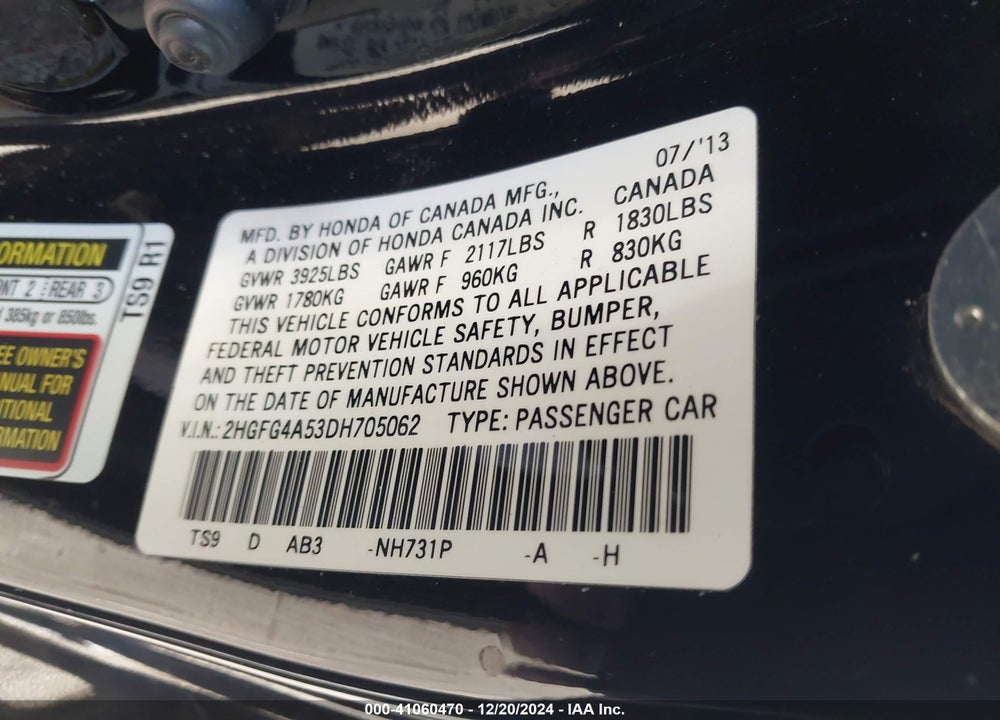 2013 HONDA CIVIC SI VIN: 2HGFG4A53DH705062