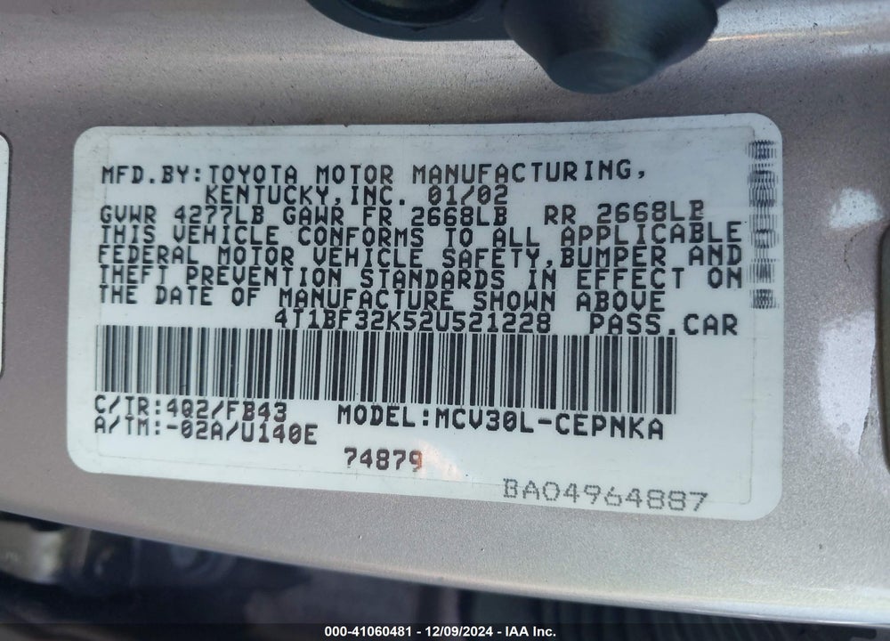 2002 TOYOTA CAMRY LE V6 VIN: 4T1BF32K52U521228