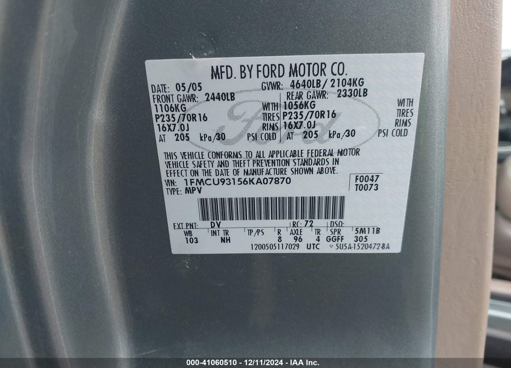 2006 FORD ESCAPE XLT/XLT SPORT VIN: 1FMCU93156KA07870