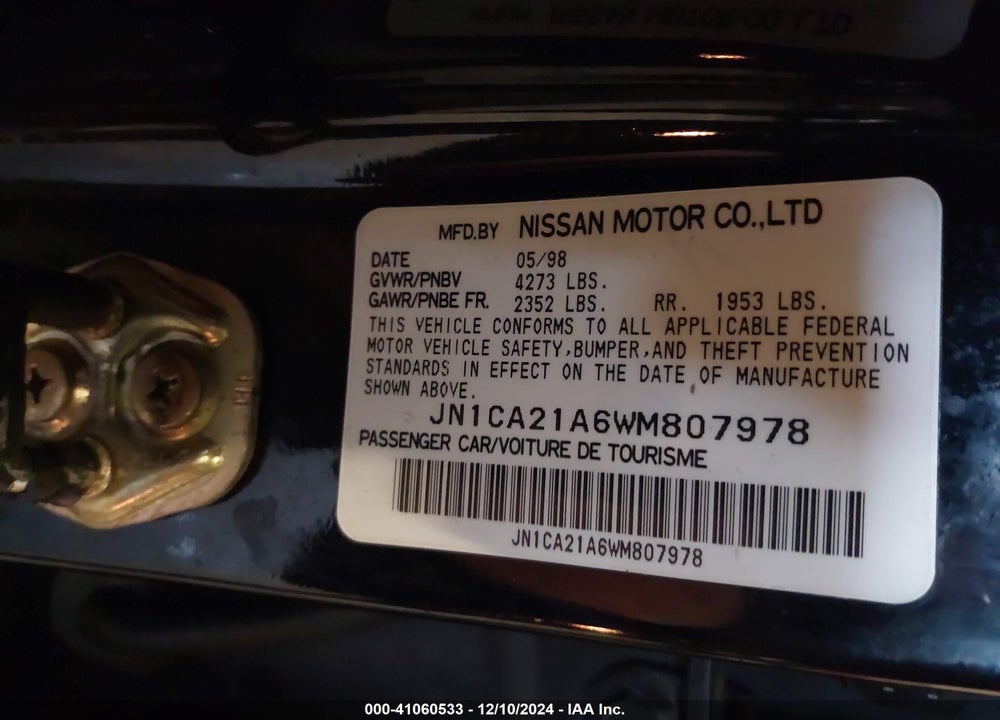 1998 NISSAN MAXIMA GLE/GXE/SE VIN: JN1CA21A6WM807978