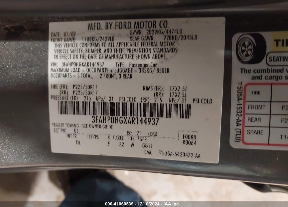 2010 FORD FUSION SE VIN: 3FAHP0HGXAR144937