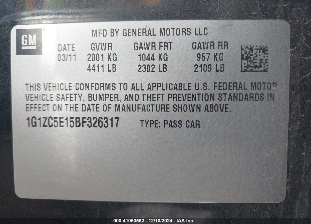 2011 CHEVROLET MALIBU 1LT VIN: 1G1ZC5E15BF326317
