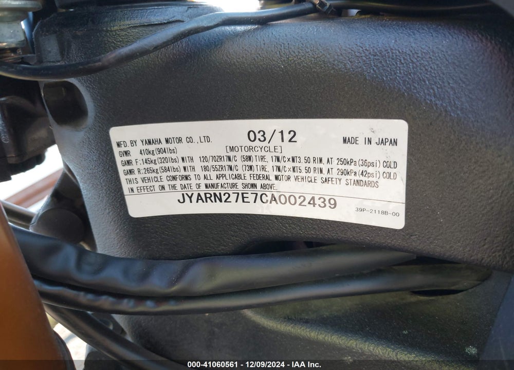 2012 YAMAHA FZ8-N VIN: JYARN27E7CA002439