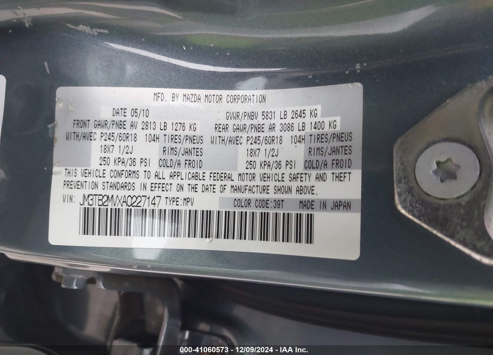 2010 MAZDA CX-9 SPORT VIN: JM3TB2MVXA0227147
