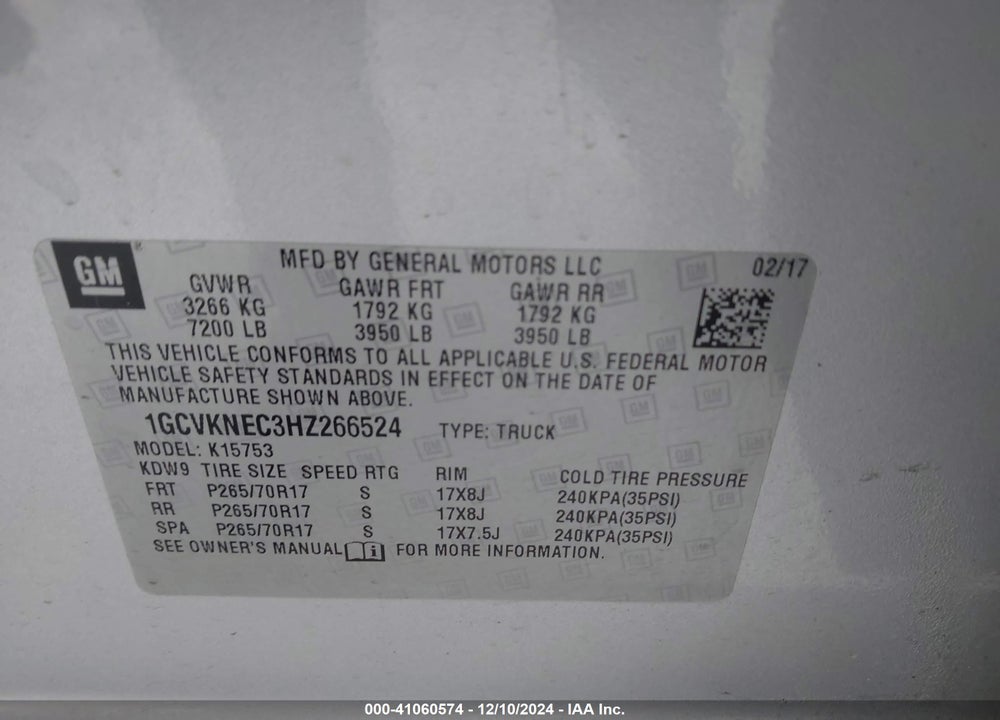 2017 CHEVROLET SILVERADO VIN: 1GCVKNEC3HZ266524