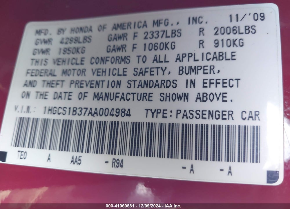 2010 HONDA ACCORD 2.4 LX-S VIN: 1HGCS1B37AA004984