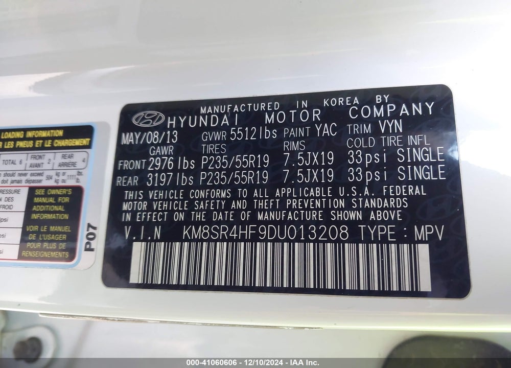 2013 HYUNDAI SANTA FE LIMITED VIN: KM8SR4HF9DU013208
