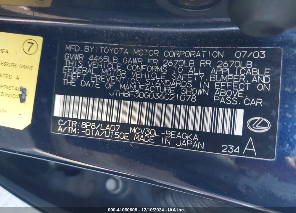 2003 LEXUS ES 300 VIN: JTHBF30G036021078