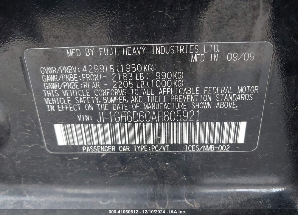 2010 SUBARU IMPREZA OUTBACK SPORT VIN: JF1GH6D60AH805921