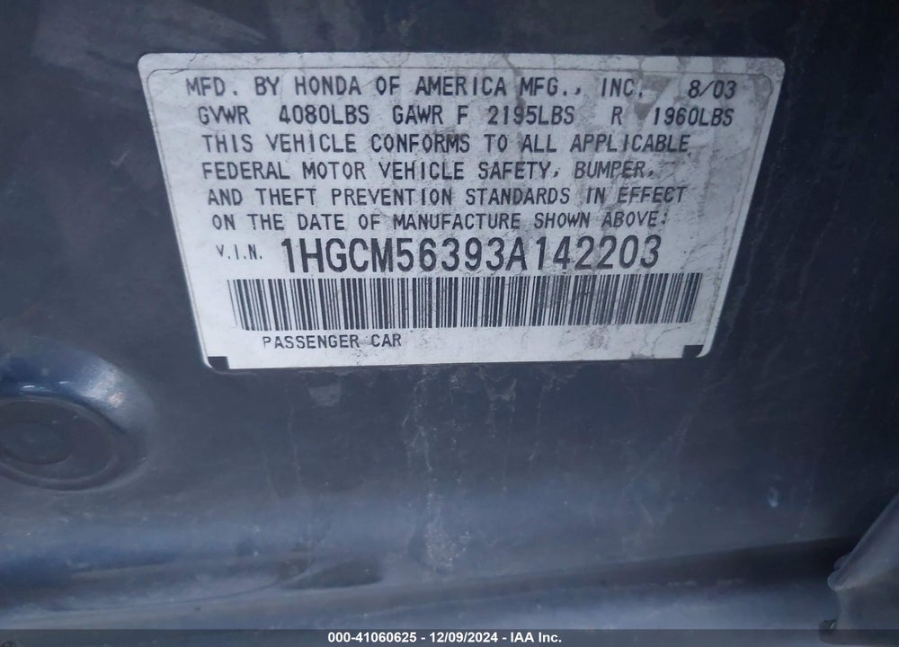 2003 HONDA ACCORD 2.4 LX VIN: 1HGCM56393A142203