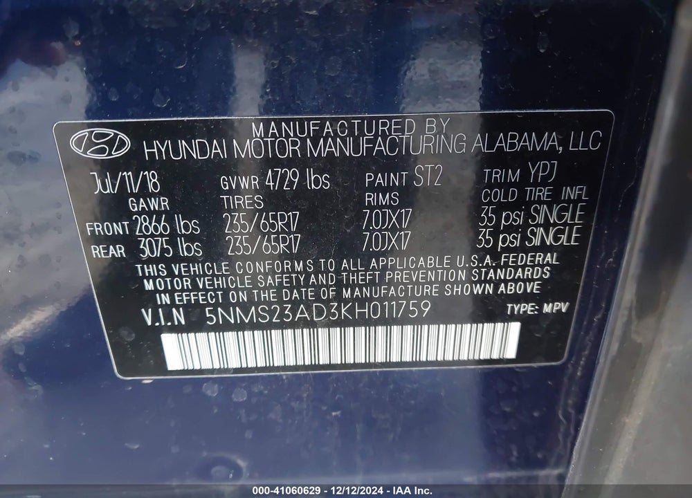 2019 HYUNDAI SANTA FE SE VIN: 5NMS23AD3KH011759