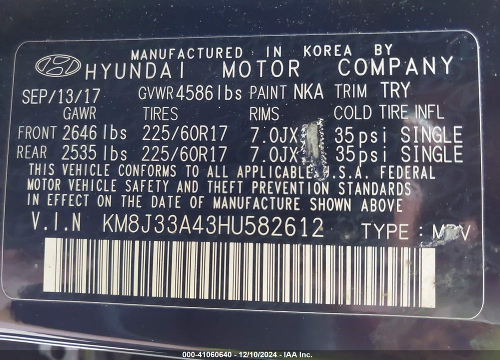 2017 HYUNDAI TUCSON SE VIN: KM8J33A43HU582612