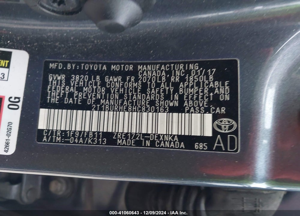 2017 TOYOTA COROLLA LE VIN: 2T1BURHE8HC830163
