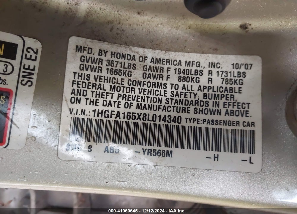 2008 HONDA CIVIC LX VIN: 1HGFA165X8L014340