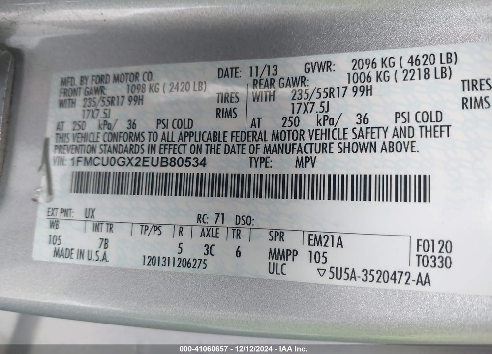 2014 FORD ESCAPE SE VIN: 1FMCU0GX2EUB80534
