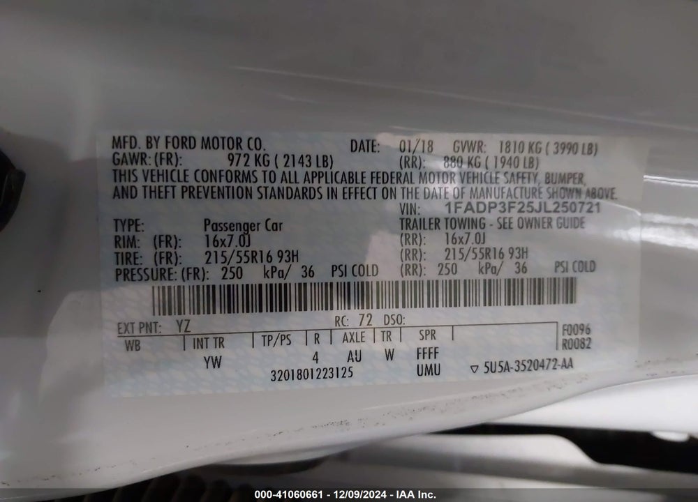 2018 FORD FOCUS SE VIN: 1FADP3F25JL250721