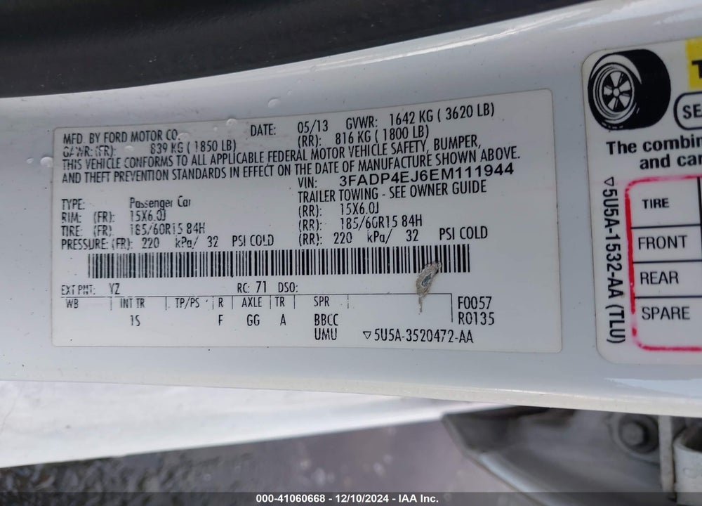 2014 FORD FIESTA SE VIN: 3FADP4EJ6EM111944