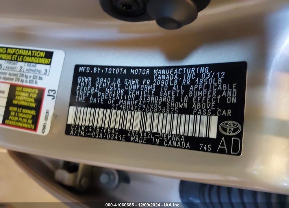 2012 TOYOTA COROLLA LE VIN: 2T1BU4EE7CC828825