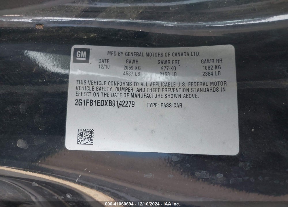 2011 CHEVROLET CAMARO 1LT VIN: 2G1FB1EDXB9142279