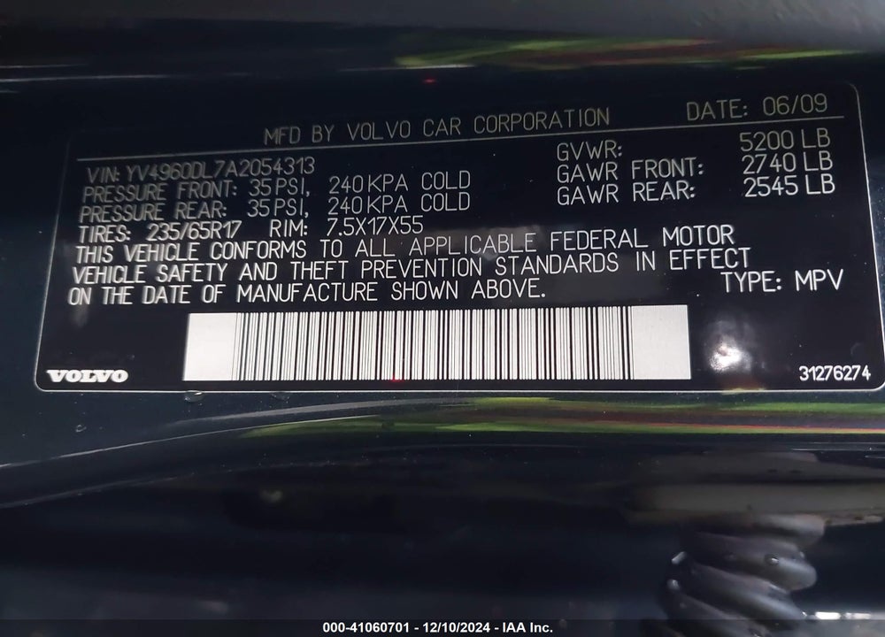 2010 VOLVO XC60 3.2 VIN: YV4960DL7A2054313