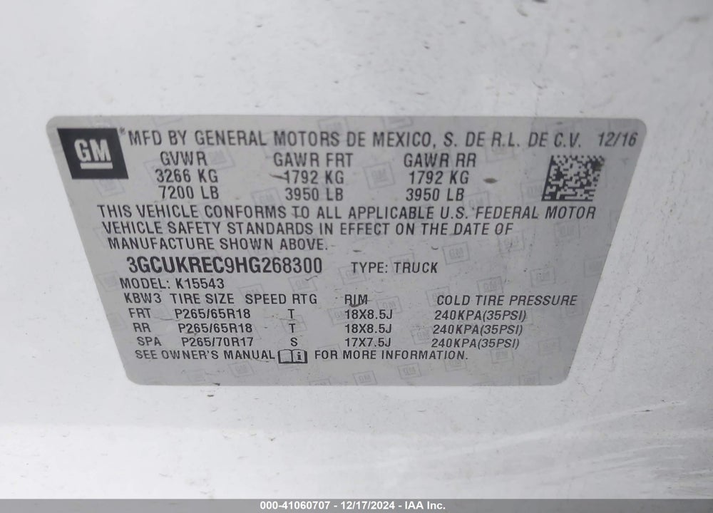 2017 CHEVROLET SILVERADO 1500 2LT VIN: 3GCUKREC9HG268300